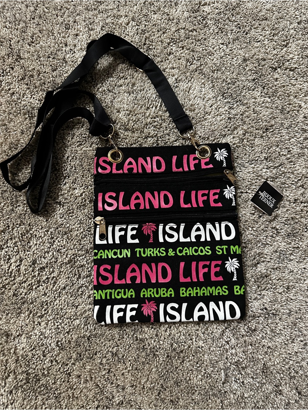 Bijoux Terner Island Life Crossbody Bag - Black with Pink & Green Print